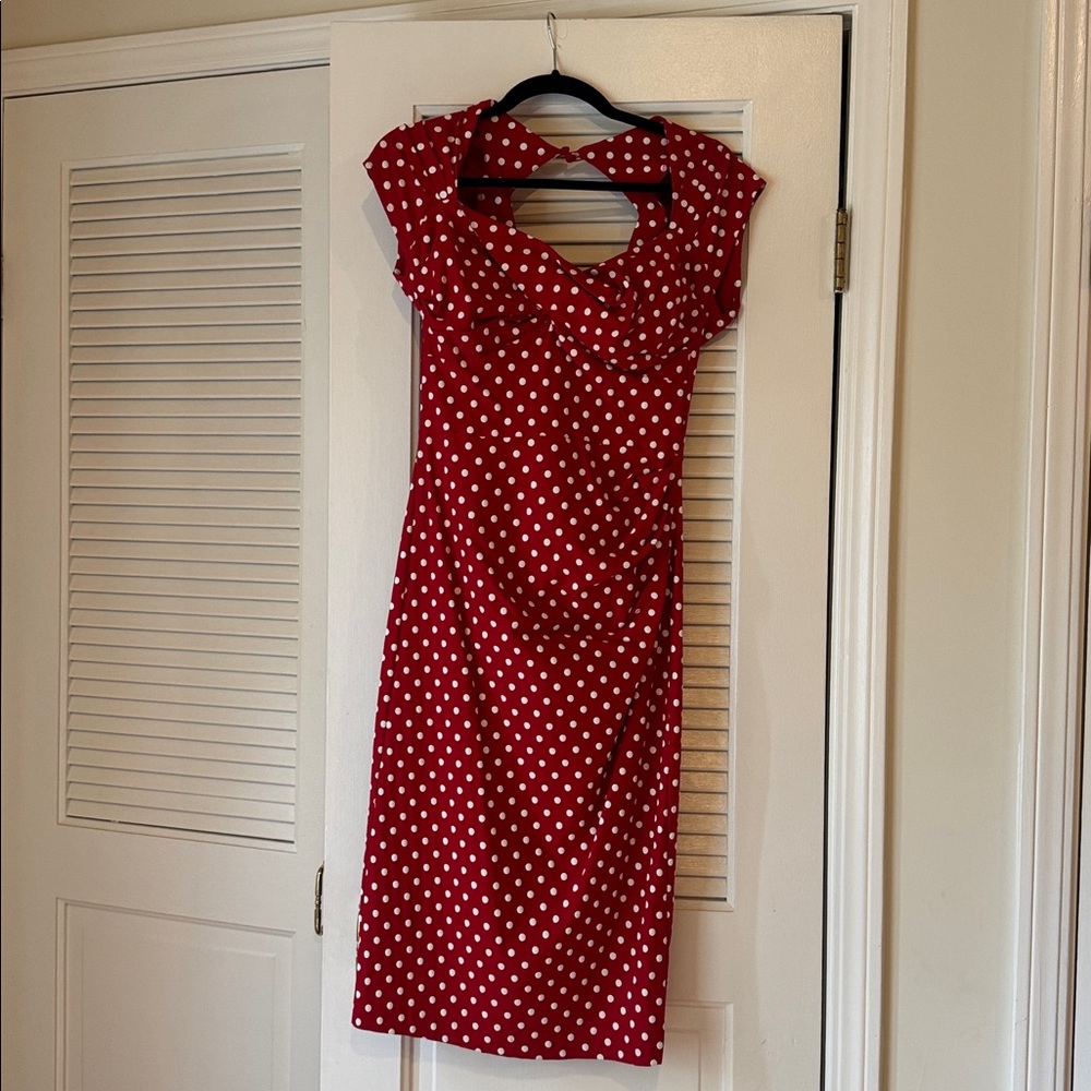 Retro red and white polka dress with bow on back, fitted and bustier, tags on